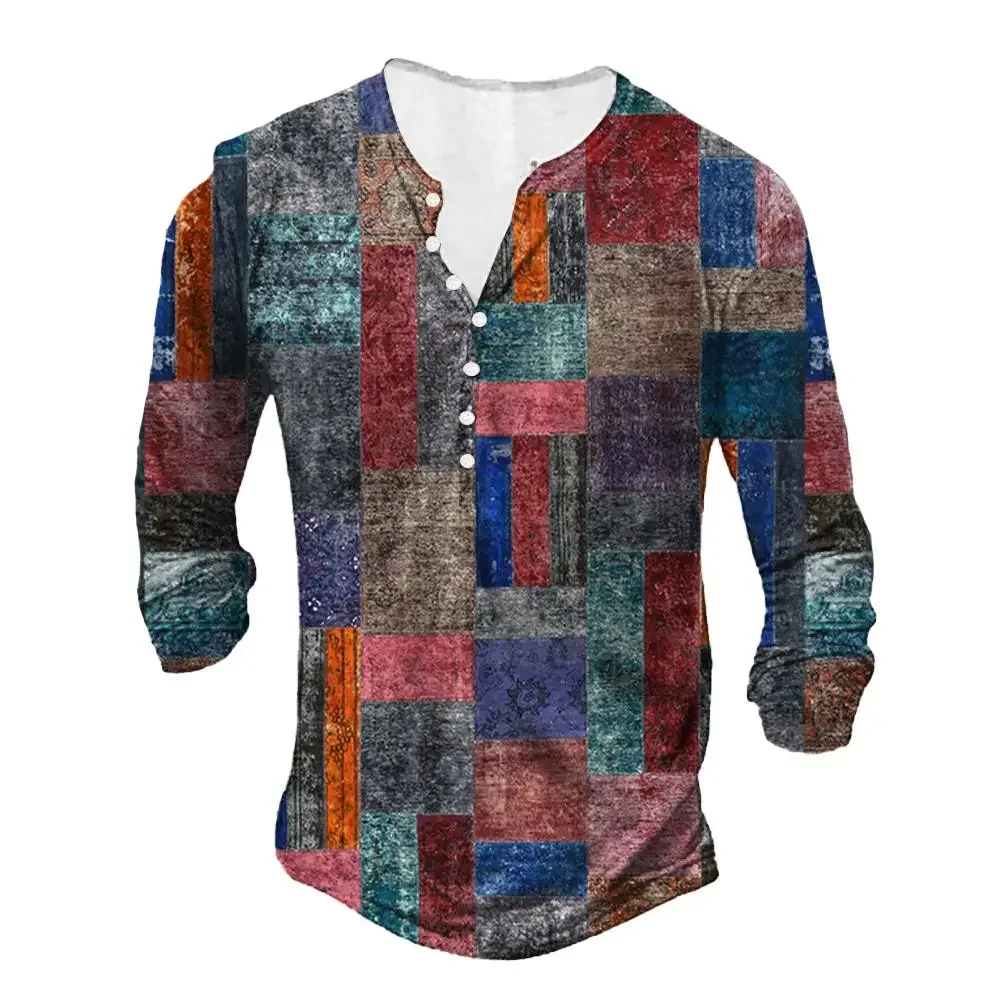 Patchwork Vintage Men\'s T Shirt Cotton T Shirt Plaid Printed T Shirt Long Sleeve Hennessy Shirt Oversized Men\'s Tops T Shirt