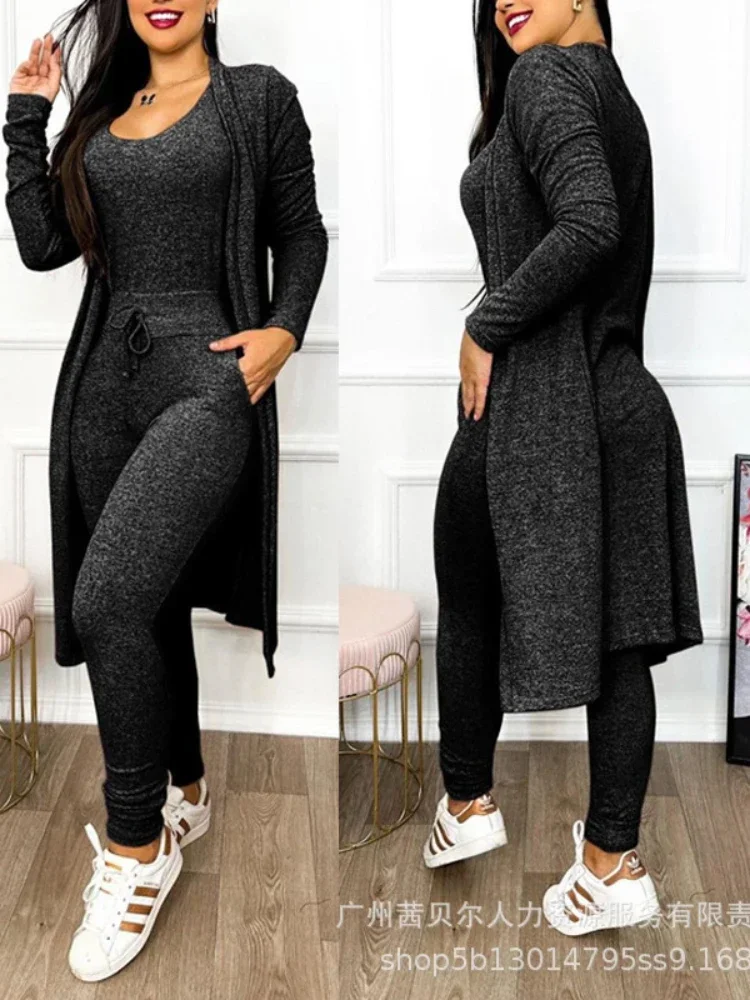 Drawstring Pocket Design Jumpsuit & Coat Set Autumn 2023 Women One Piece Long Pants Jumpsuit High Waist Coats Two Piece Sets