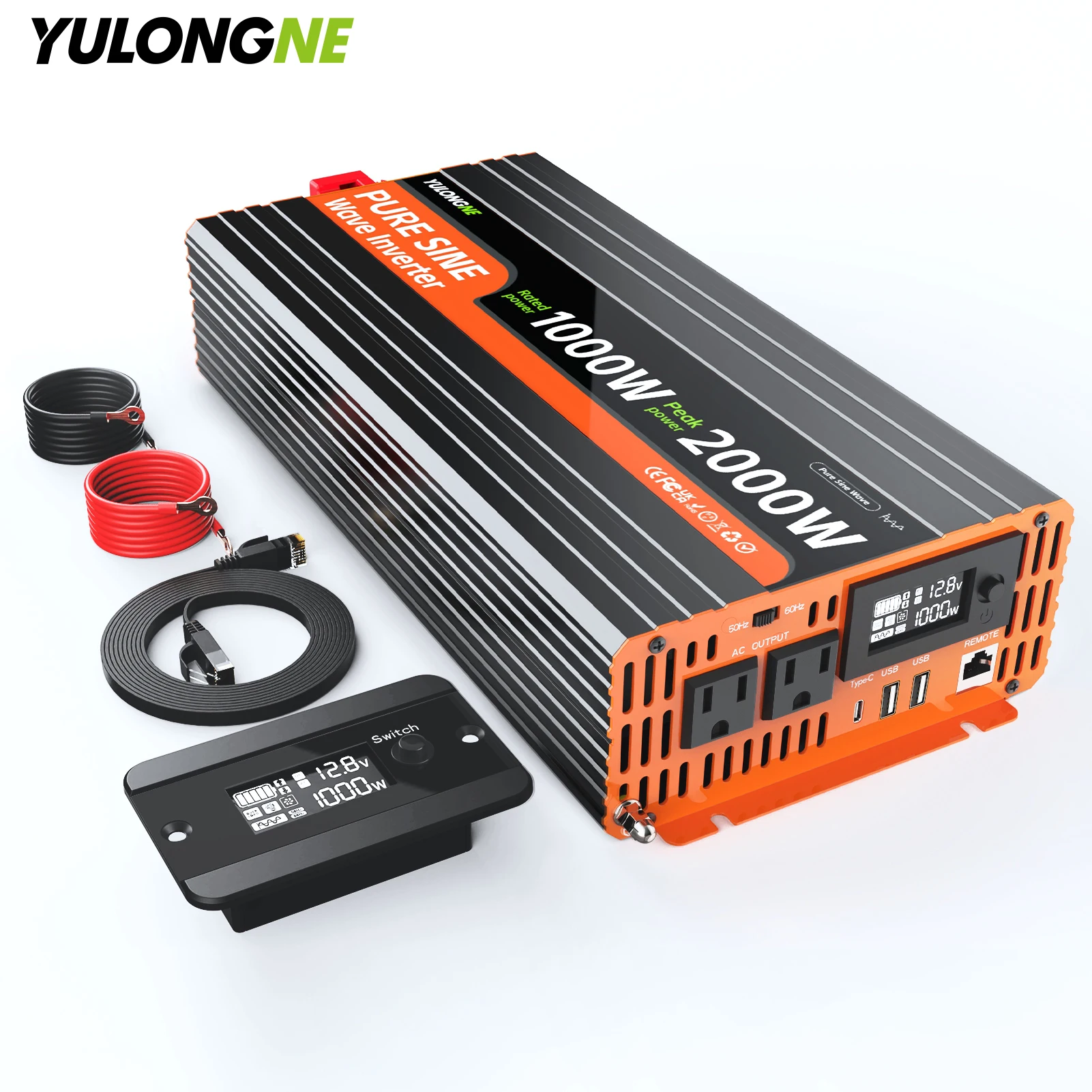 YULONGNE 1000W Pure Sine Wave Inverter DC 12V to AC 110V Power Inverter, Peak 2000W Car Inverter with LCD Display, Remote Control, 2 US AC Outlets, USB‑C USB Ports for RV Solar Off‑Grid Truck Camping Home Emergency Power