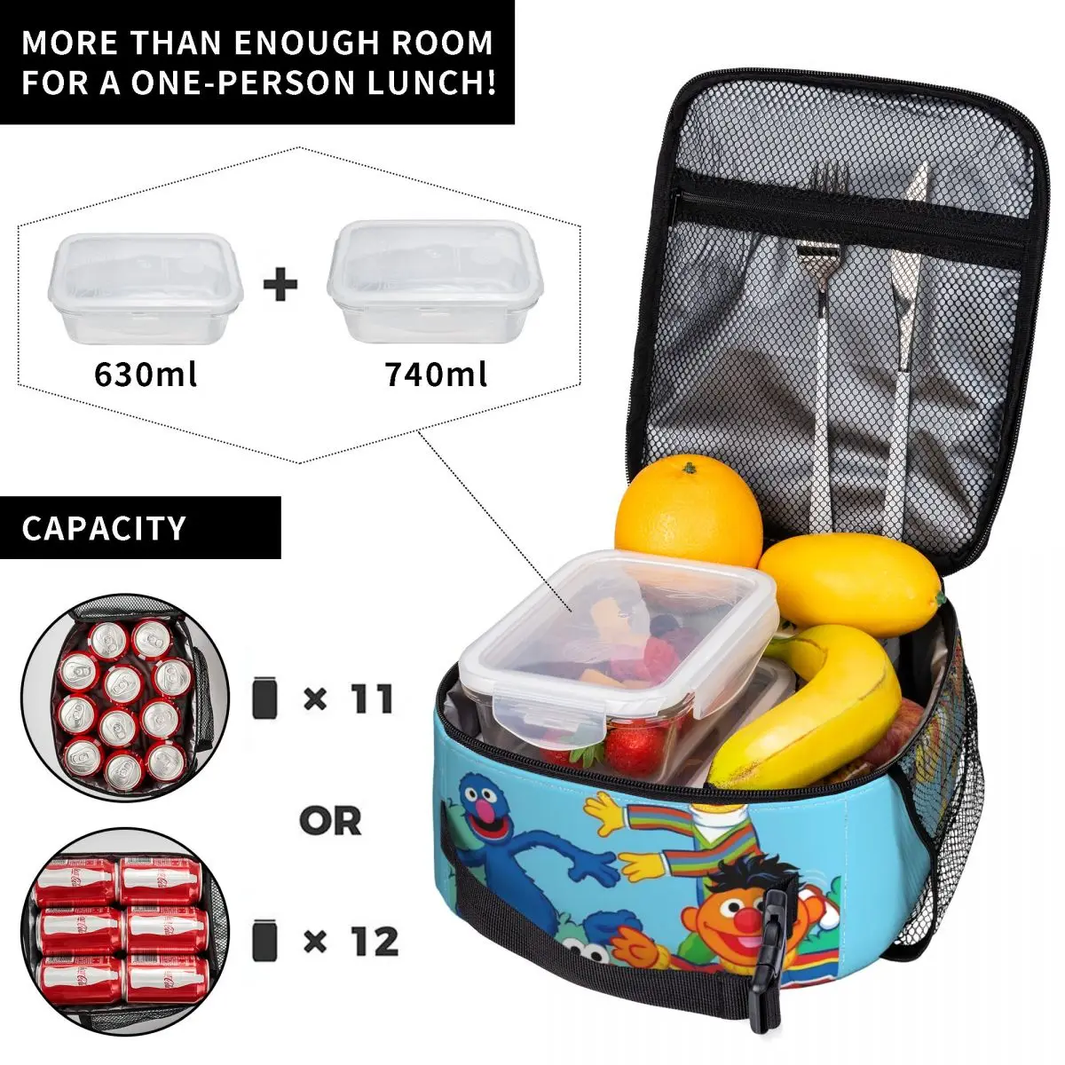Cookie Monsters Lunch Bag Picnic Lunch Box For Women Cute Custom Thermal Lunch Bags Waterproof Convenient Cooler Bag