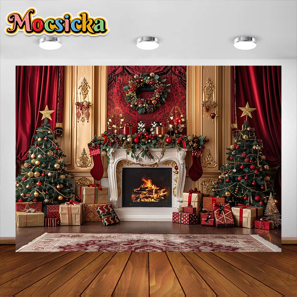 Red Christmas Photography Background Fireplace Garland XMAS Tree Party Decoration Family Portrait Kids Portrait Photo Backdrops