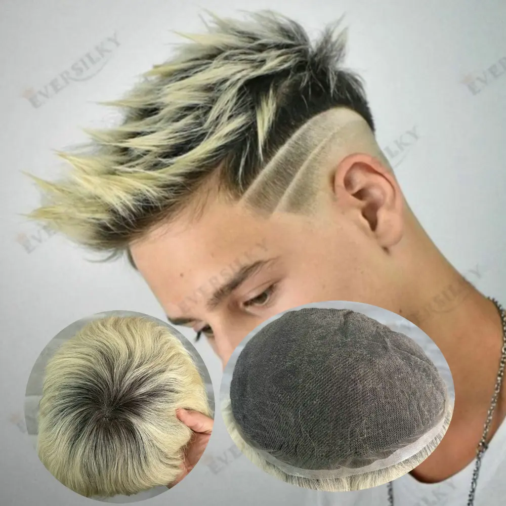 

Мужской полный швейцарский кружевной протез для волос 1B T60R/1BT613 из натуральных волос, дышащая система тупе, естественная линия роста волос, отбеленные узлы