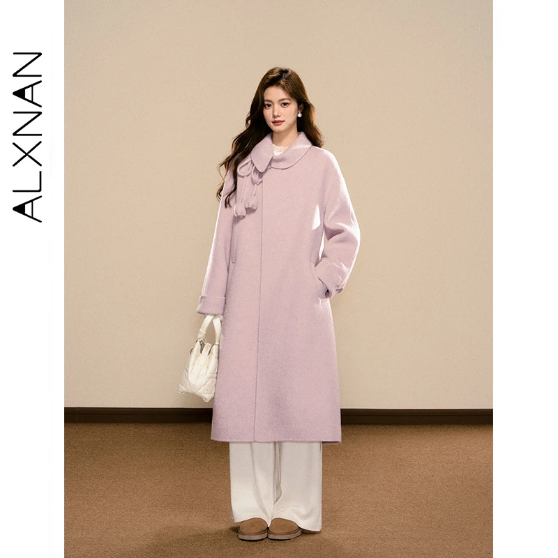 

ALXNAN шерстяные пальто с большим отложным бантом и помпонами, карманами, длинные пальто свободного кроя, милая нежная утолщенная зимняя верхняя одежда L58159