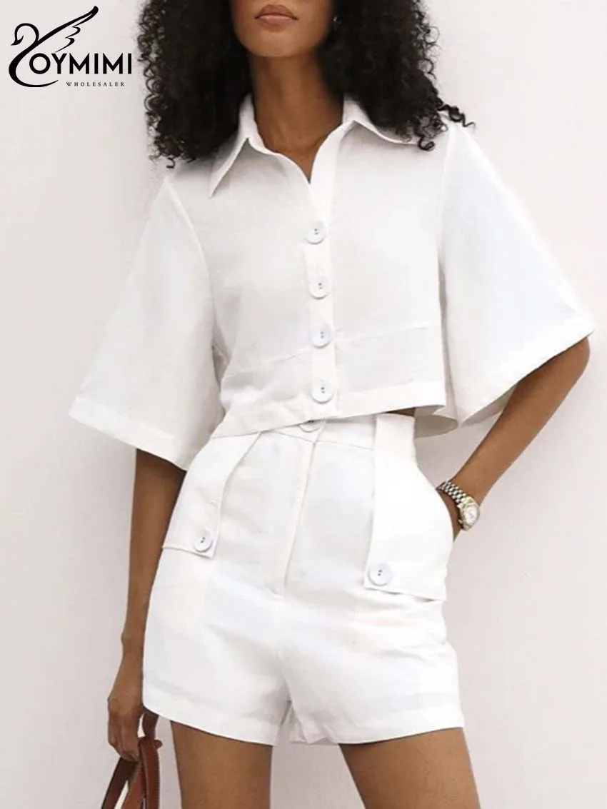 Oymimi Causal White Cotton Sets For Women 2 Pieces Elegant Lapel Half Sleeve Button Shirts And High Waist Pockets Shorts Sets