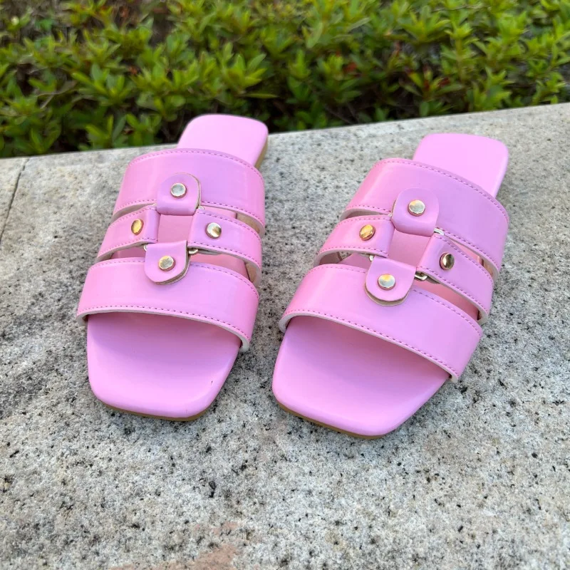 

Cutout Plus Size Slippers Xia New Square Toe Open Toe Rivet Soft Sole Non-slip Wear-resistant Flats