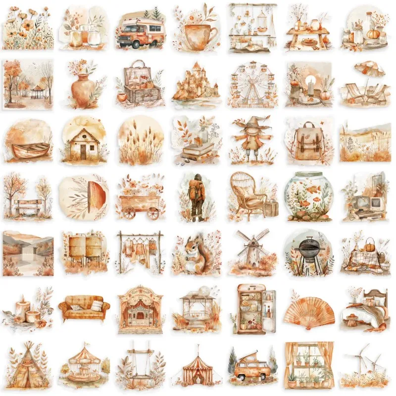 

50Sheets/Pack Warm Orange Color Scheme Watercolor Clip Art Stickers Aesthetics Sticker For Laptop Phone Luggage Water Bottle Bic