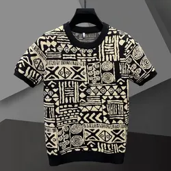 High Quality Letter Print Knitted T-shirt 2022 Fall Short Sleeve Casual Sweater Business Social O-neck Tops Tees Streetwear