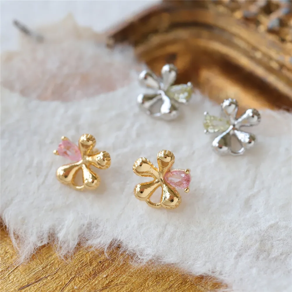 

Copper-plated Real Gold Water Drop Zircon Petals Colors Small Flower Stud Earrings Earclips DIY Handmade Charm Accessories