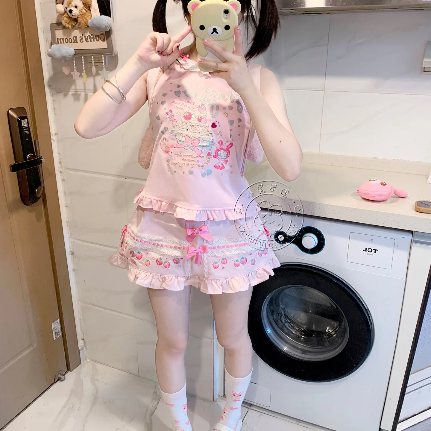 Short Skirt with Bowknot Strawberry Lace Heavy Embroidery Daughter Skirt Soft Girl Japanese Style Skirts for Women