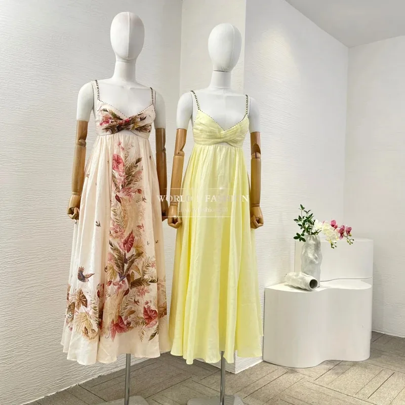 エレガントなサマードレス 2025 高品質 ベージュ 花柄プリント ノースリーブ カットアウト バックレス ミディ丈ドレス ホリデー向け