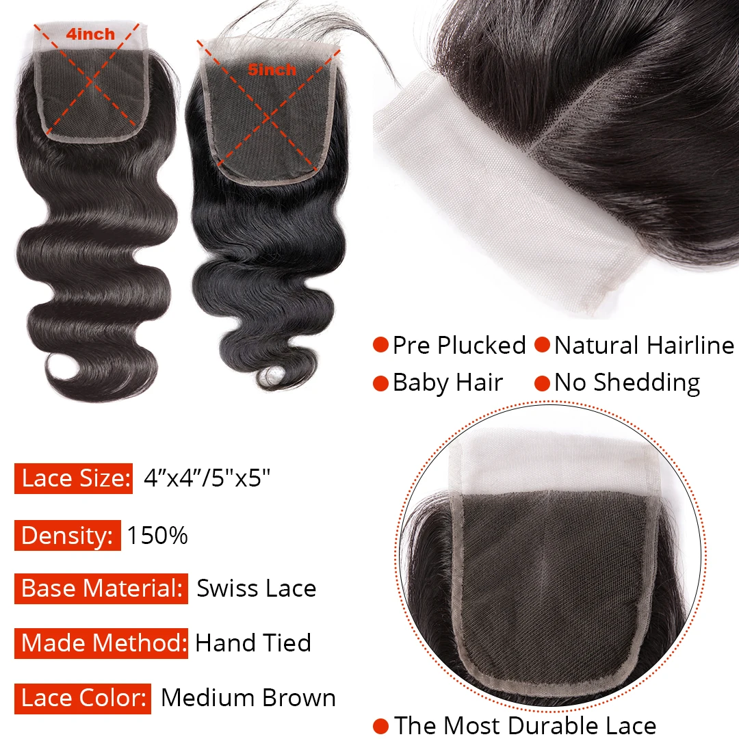 Mechones de cabello humano virgen brasileño con onda Frontal, 30 pulgadas, 3 4 mechones con cierre de encaje, 4x4, 5x5, extensiones de cabello sin procesar