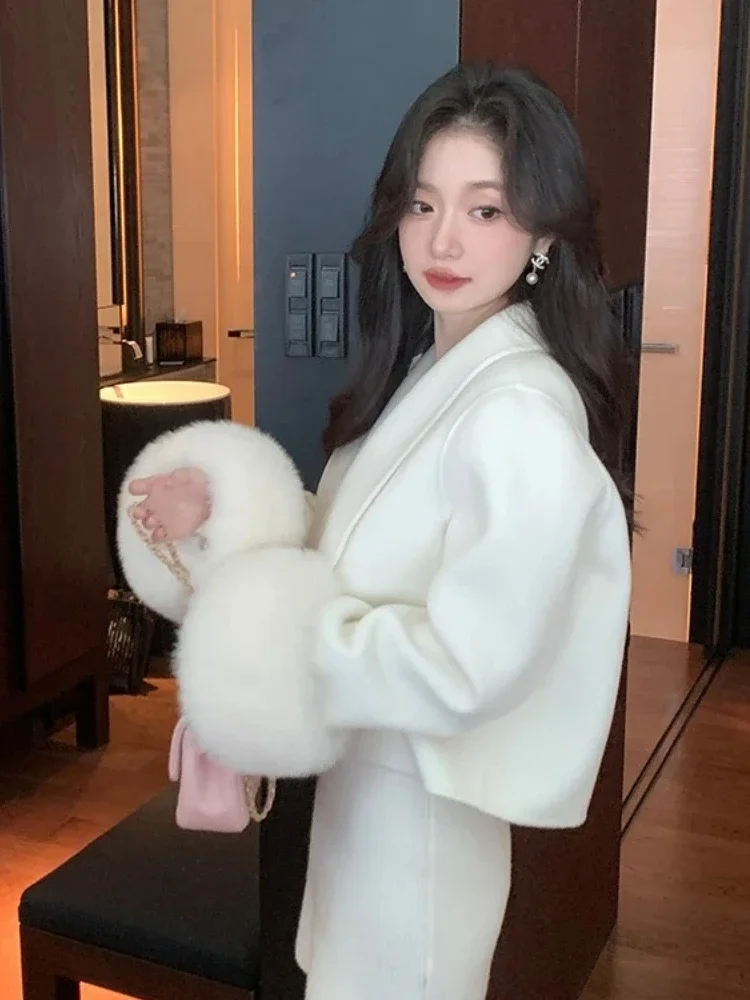 2025 Women Short Real Fox Fur Cuff Woolen Blends Jacket New Autumn Winter Clothes Fashion Warm Fur Collar Cashmere Wool Coat