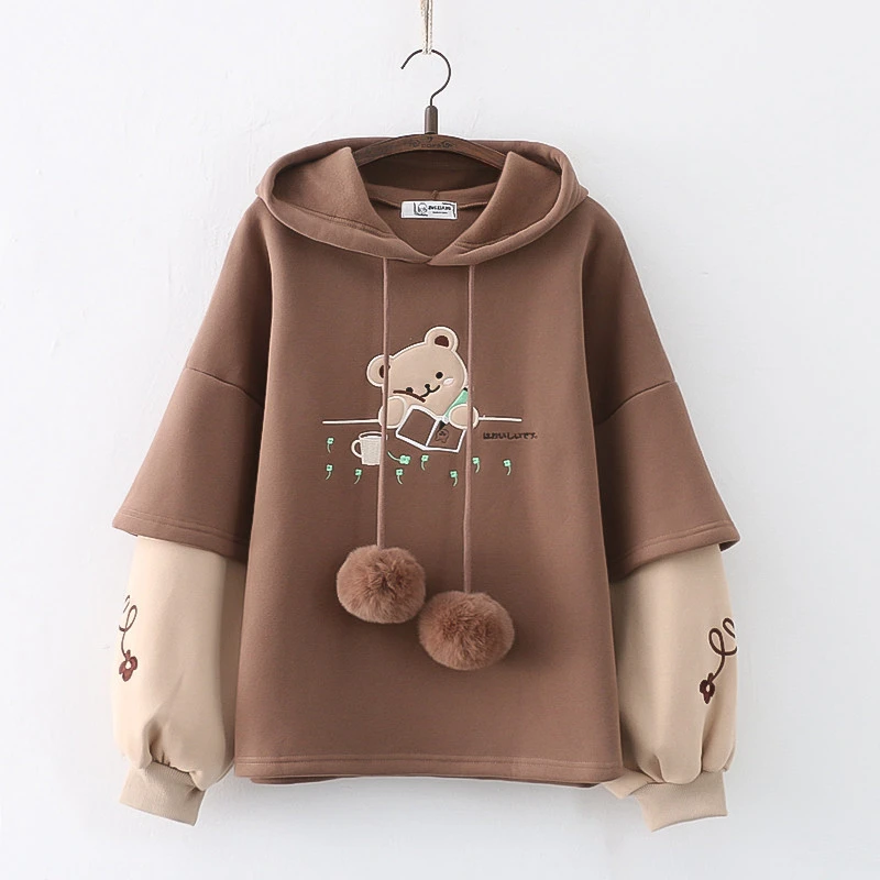 Japanese New Fleece-Lined Thickened Hooded Sweatshirt Cartoon Embroidery Drawing Bear Pullover Sweatshirt Academic Style Women\'s