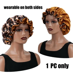 1PC Leopard Print Satin Silk Bonnet Double Layer Sleep Cap Comfortable Casual Hair Care Hat for Daily Use