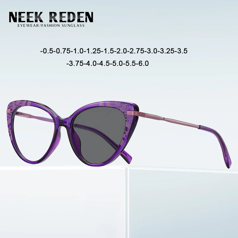 Cat Eye Photochromic Myopia Glasses Women Purple Tr90 Spring Leg Computer Eyeglasses With Diopters 0 -0.5 -2.75 -3.75 -5.0 -6.0