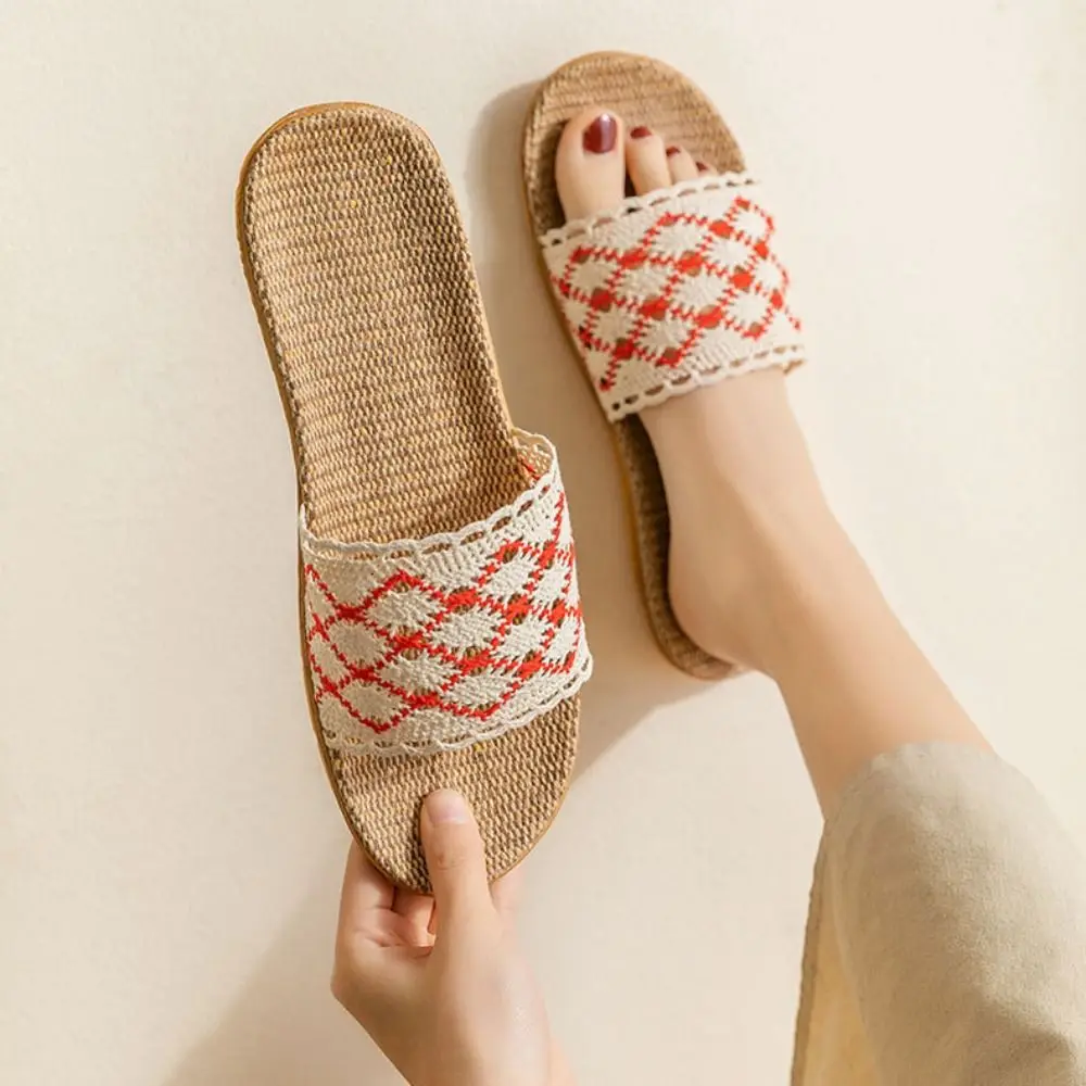 

Fashion Stripe Flax Lace Slippers Sweet Non-Slip Straw Weave Slippers Shoes Vacation Beach Slippers for Women Indoor