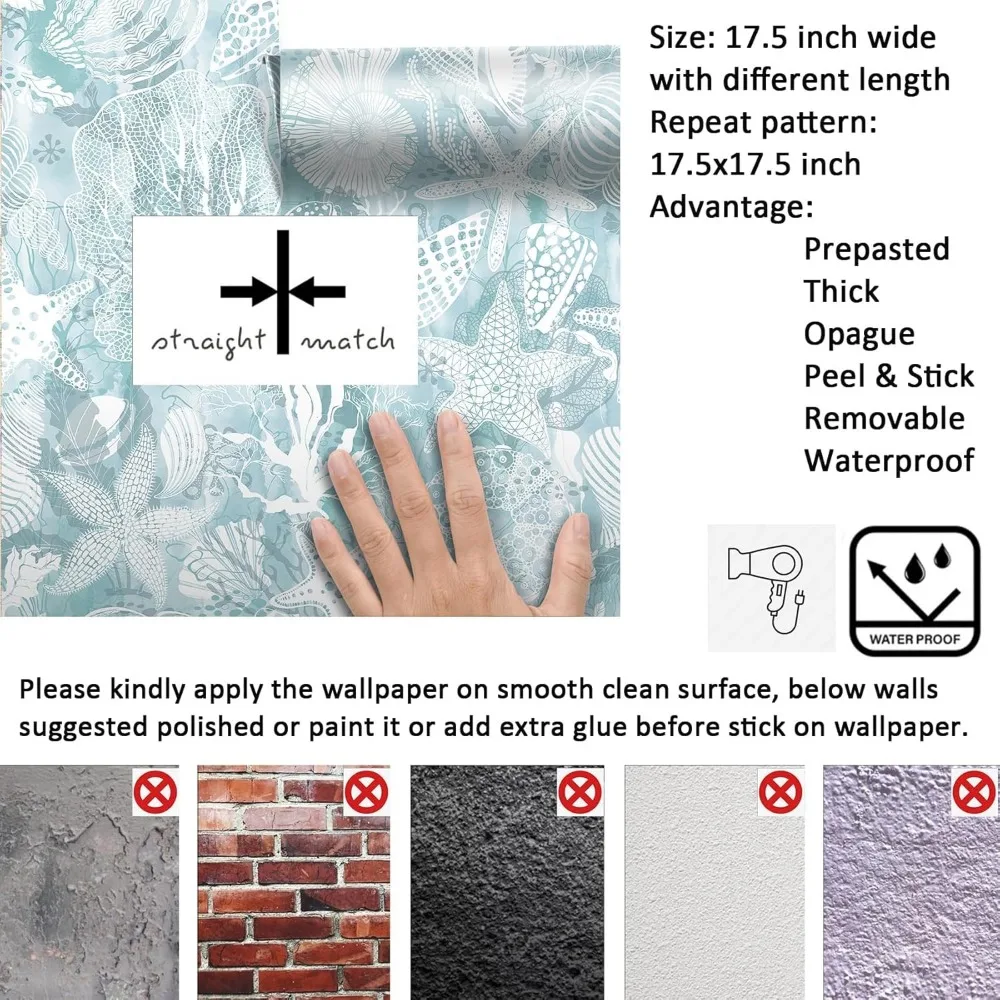 ورق جدران كوستالي أزرق وأبيض بتصميم صدف ونجمة وأسماك - جدار سهل اللصق وقشر بطابع المحيط المسبق