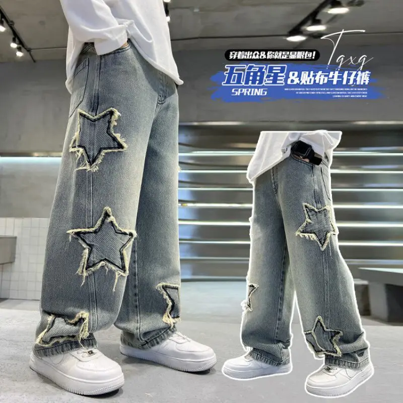 Teen Boys' pants Spring/Autumn five-pointed star splicing raw edge jeans boys wide-leg pants washed denim youth pants 5-14 years