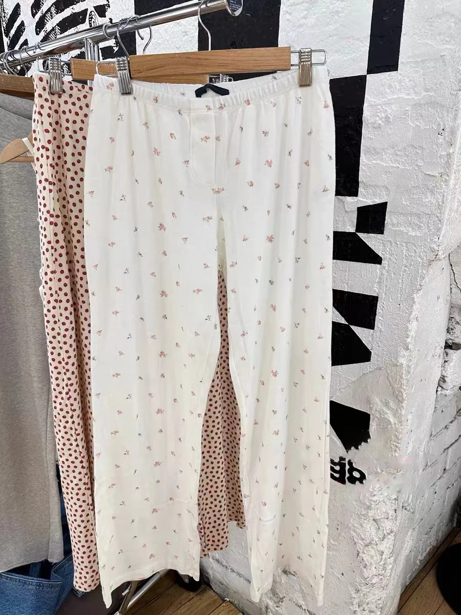 Pink Floral Eyelet Straight Pants Women Autumn Cotton High Waist White Loose Sweatpants Sweet Casual Home Pajama Trousers Y2k