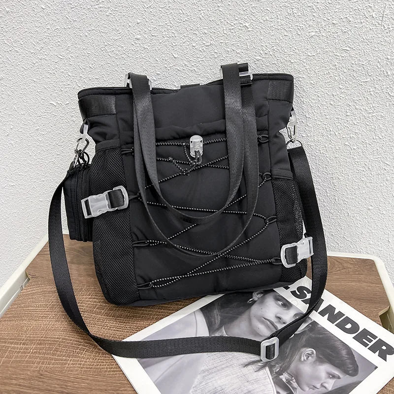 Women's Shoulder Bag Fashion Commuter Nylon Multi-function Backpack Drawstring Zipper Solid Color Handbag Personality All-match