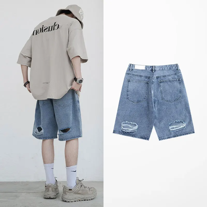 

Men's Loose Straight Leg Jeans orts Five-Quarter Length Thin Summer Trendy Brand Casual mid Waist Zipper Fly Blue Denim