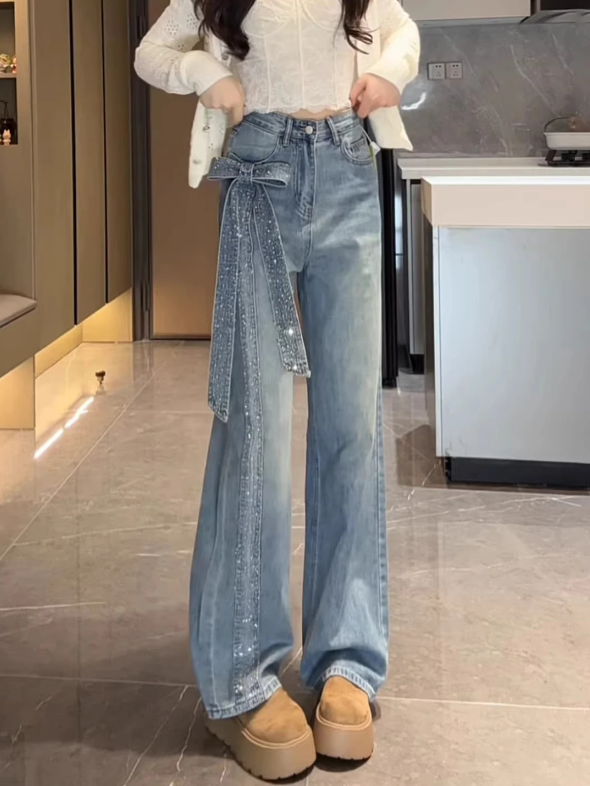 

High Waist Wide Leg Denim Jeans Women's Summer New Design Blue Knot Diamond Embellished Straight Floor-Length Pants