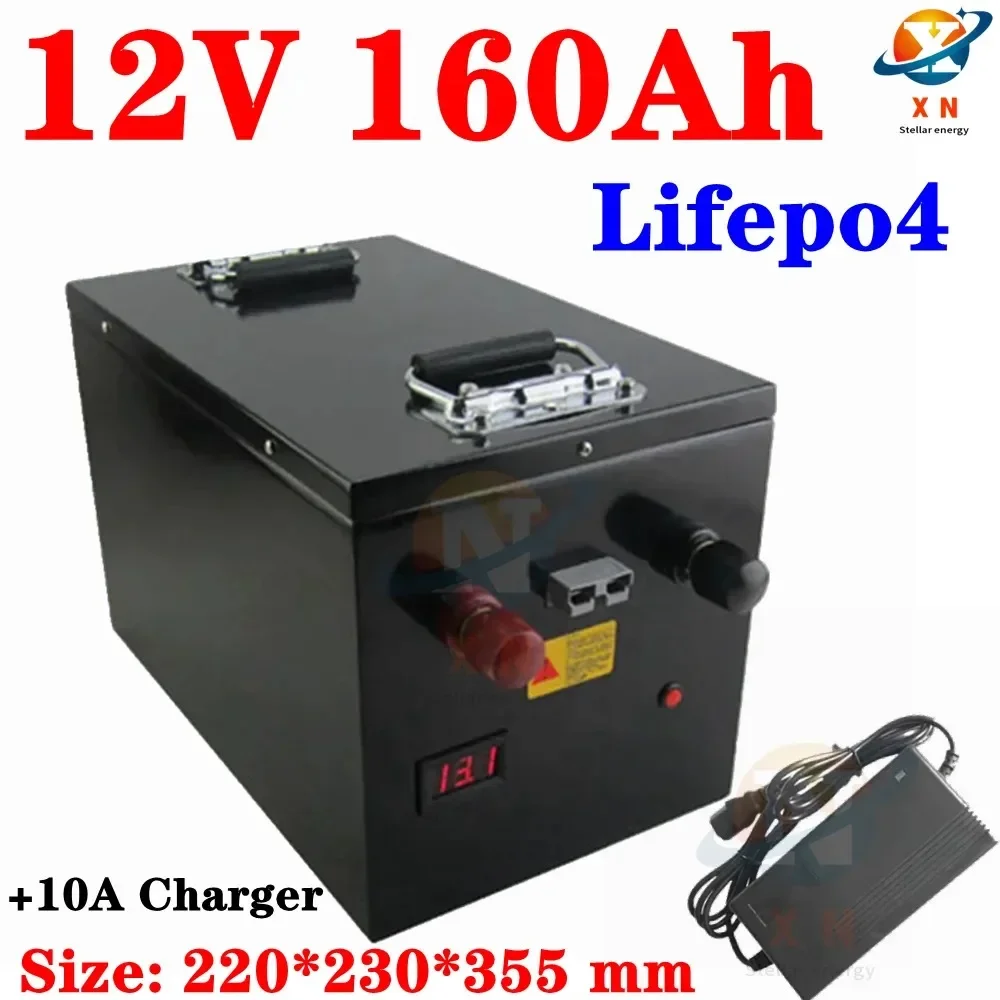 Portable waterproof Lifepo4 12V 160AH lithium battery BMS 4S 12.8V for 1200w Boat RV golf cart backup power solar +10A Charger