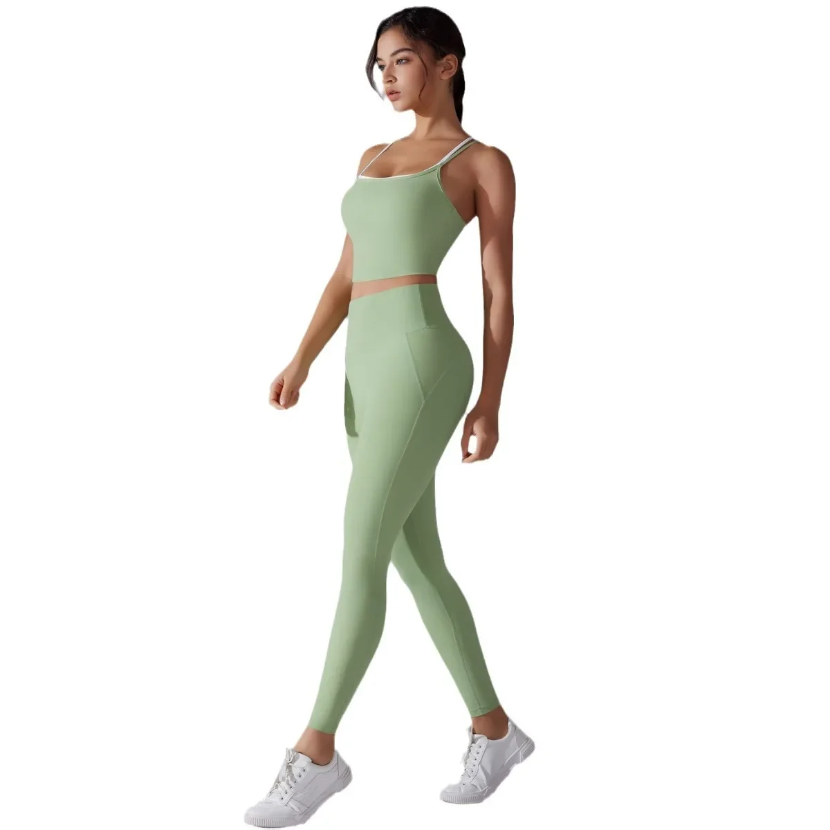 New Antibacterial Seamless Yoga Set with Cross-Back Color Block Sports Bra and Leggings for Fitness and Yoga  Clothes for Women