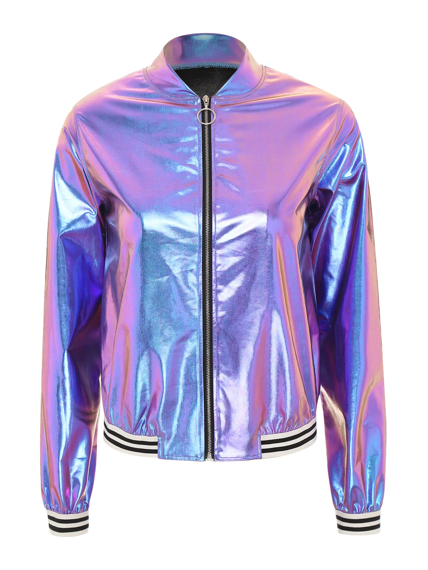 2023 Womens Holographic Metallic Shiny Bomber Jacket Casual Long Sleeve Front Zipper Striped Band Outerwear Baseball Jacket Coat