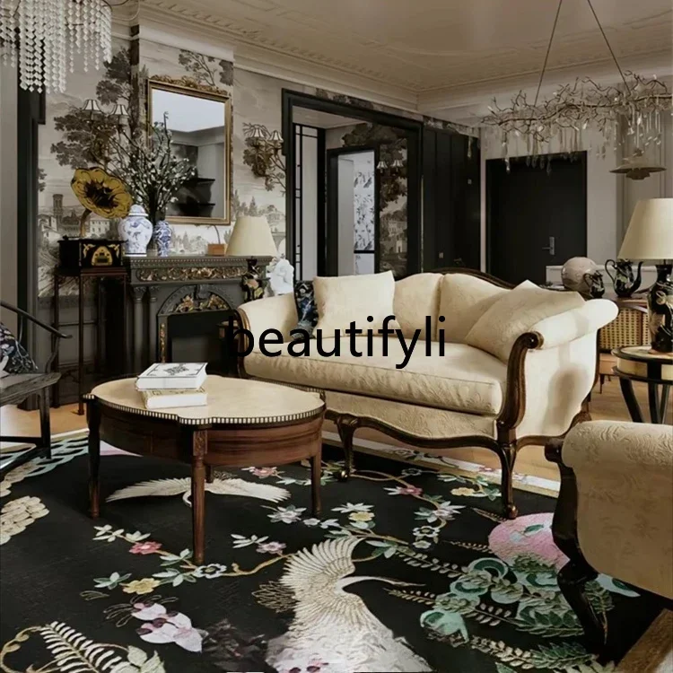 GG Vintage Solid Wood Sofa Luxury Villa Living Room Three-Seater Fabric Sofa