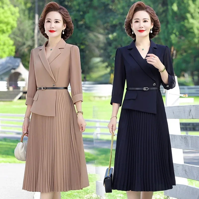 

Chic Spring and summer Pleated Suit Dress Women Elegant Solid color 3/4 Sleeved A-Line Office Ladies Work Long Dresses ZT141