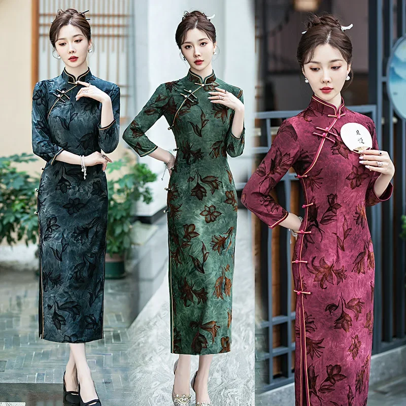 

Длинное улучшенное Cheongsam в китайском стиле, новинка 2025, женское платье в стиле ретро с длинными рукавами, весенне-осеннее платье Qipao