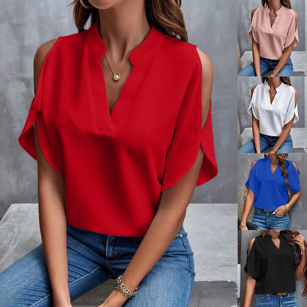 PYL Summer Blouser Top Womens Solid Classic Short Sleeve Cold Shoulder T-shirts Ladies Casual Loose Business Tops Blouse OL Work