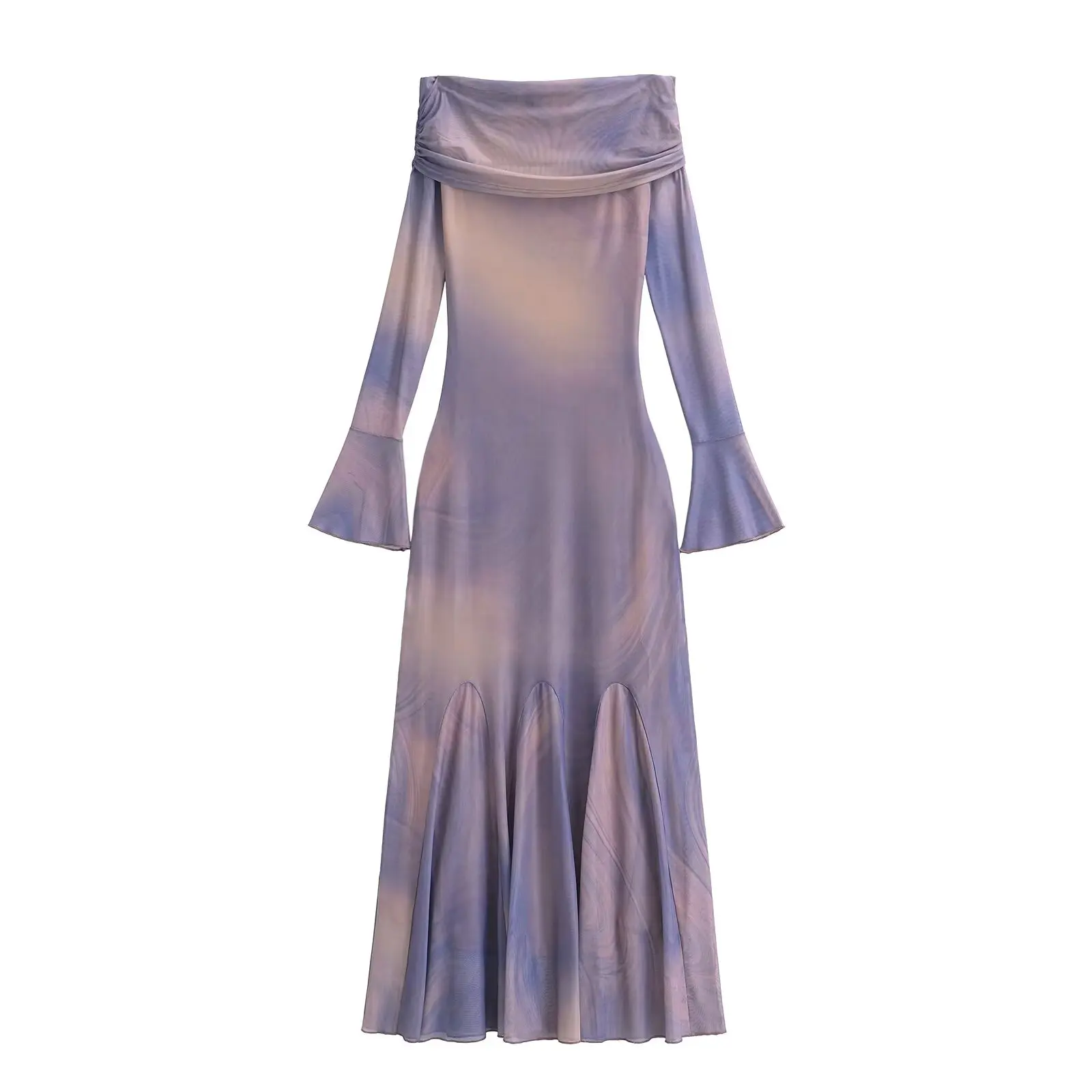 Ele Tie Dye off oulder Bodycon Fi Tail Long Dr with Net Sve High Class Aosphere Spring New Sle Women's Dr