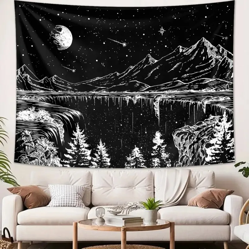 

Black and white abstract landscape tapestry starry night mountain tapestry bedroom aesthetic moon and star tapestry 180X320CM
