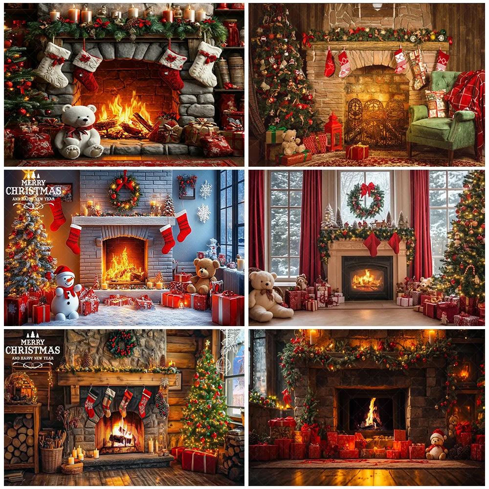 

Cute Teddy Bear And Gift Background Warm Fireplace And Snow Snow Scenery Photography Backdrop Christmas Party Decorations Gifts