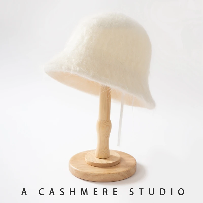 Quality 100% Pure Cashmere Flannel Hat Winter Thick Fisherman Hat Warm Knitted Basin Hat Women's Solid Color Soft Hat Fashion