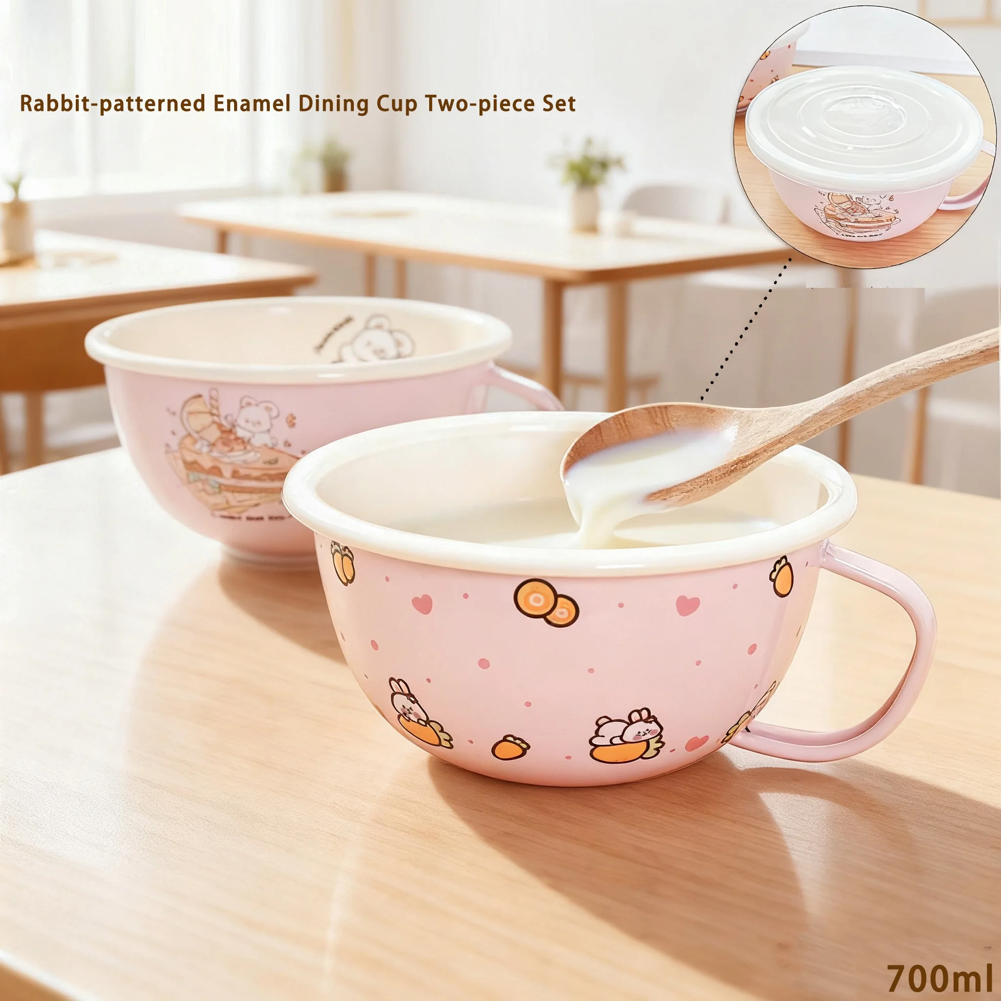 Pink Enamel Breakfast Cup Cute Rabbit 700ml High Boiled Pasta Cooking Pot With Lid Stew Pot Instant Noodle Induction Cooker