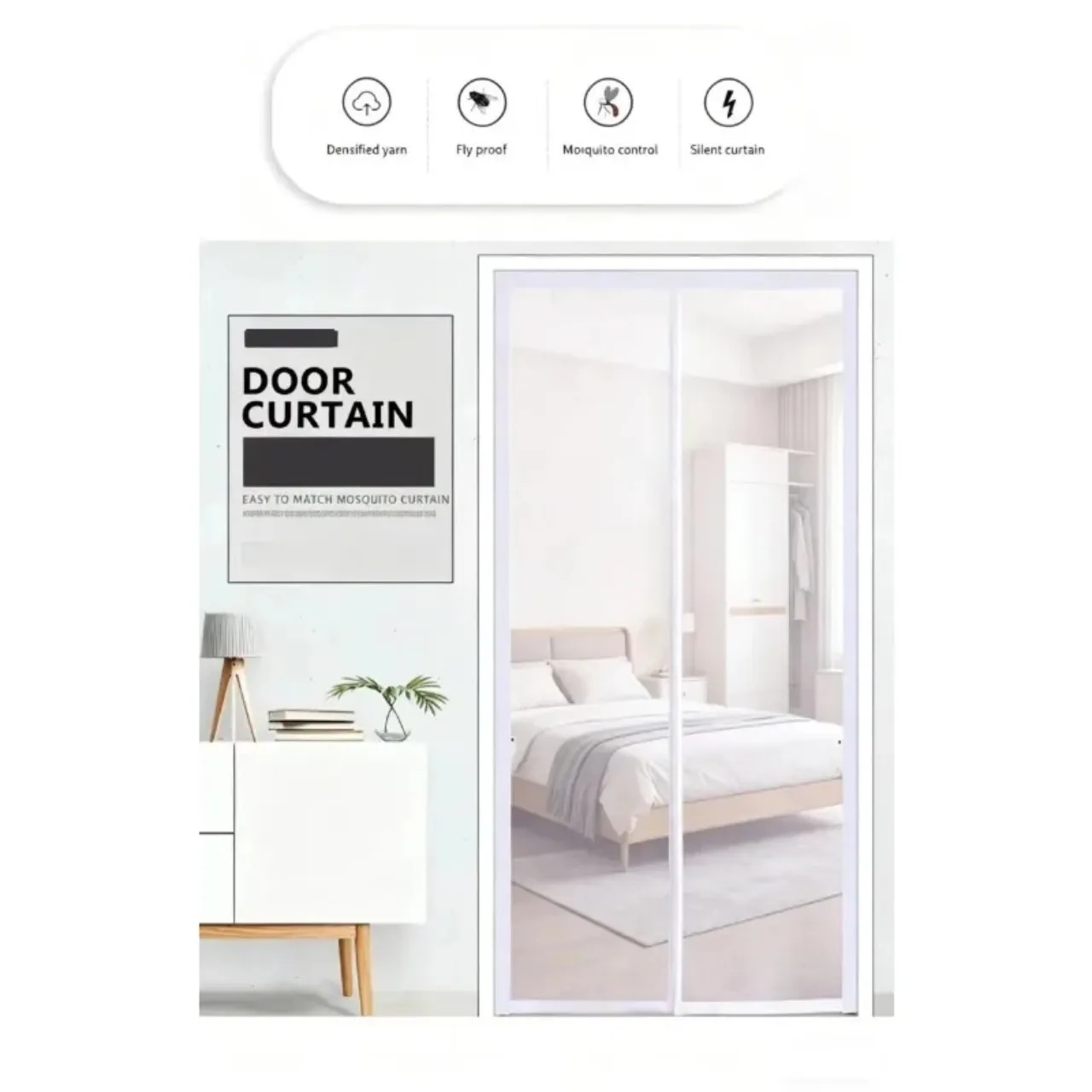 Glass Fiber Magnetic White Middle Opening Door Curtain Automatically Closes, Mosquito Proof Invisible Magnetic Block