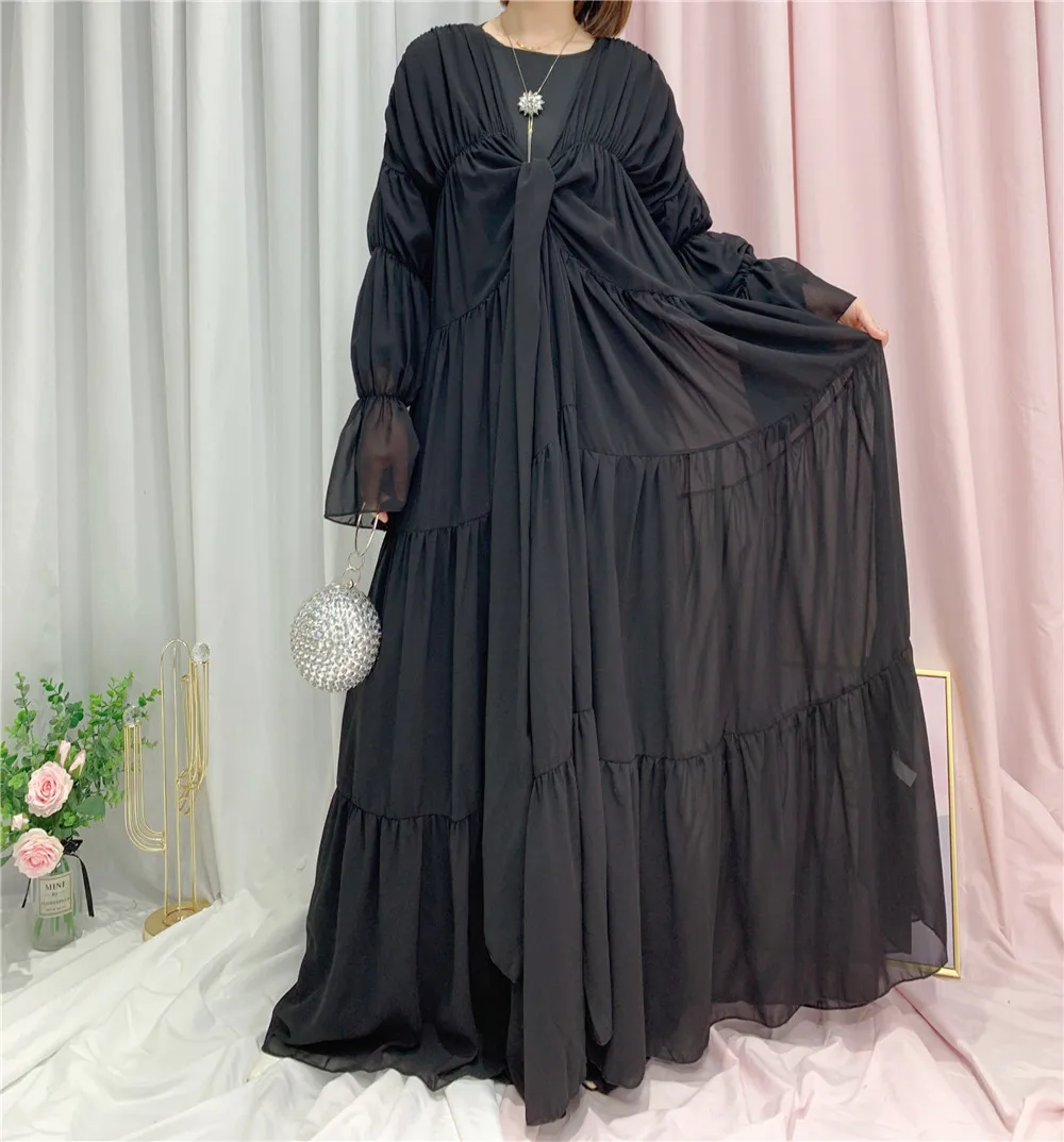 Arabic Abayas For Women Muslim Long Dress Solid Elegant Dubai Kaftan Islam Clothing Ruffle Maxi Robe Kimono Casual Spring Autumn