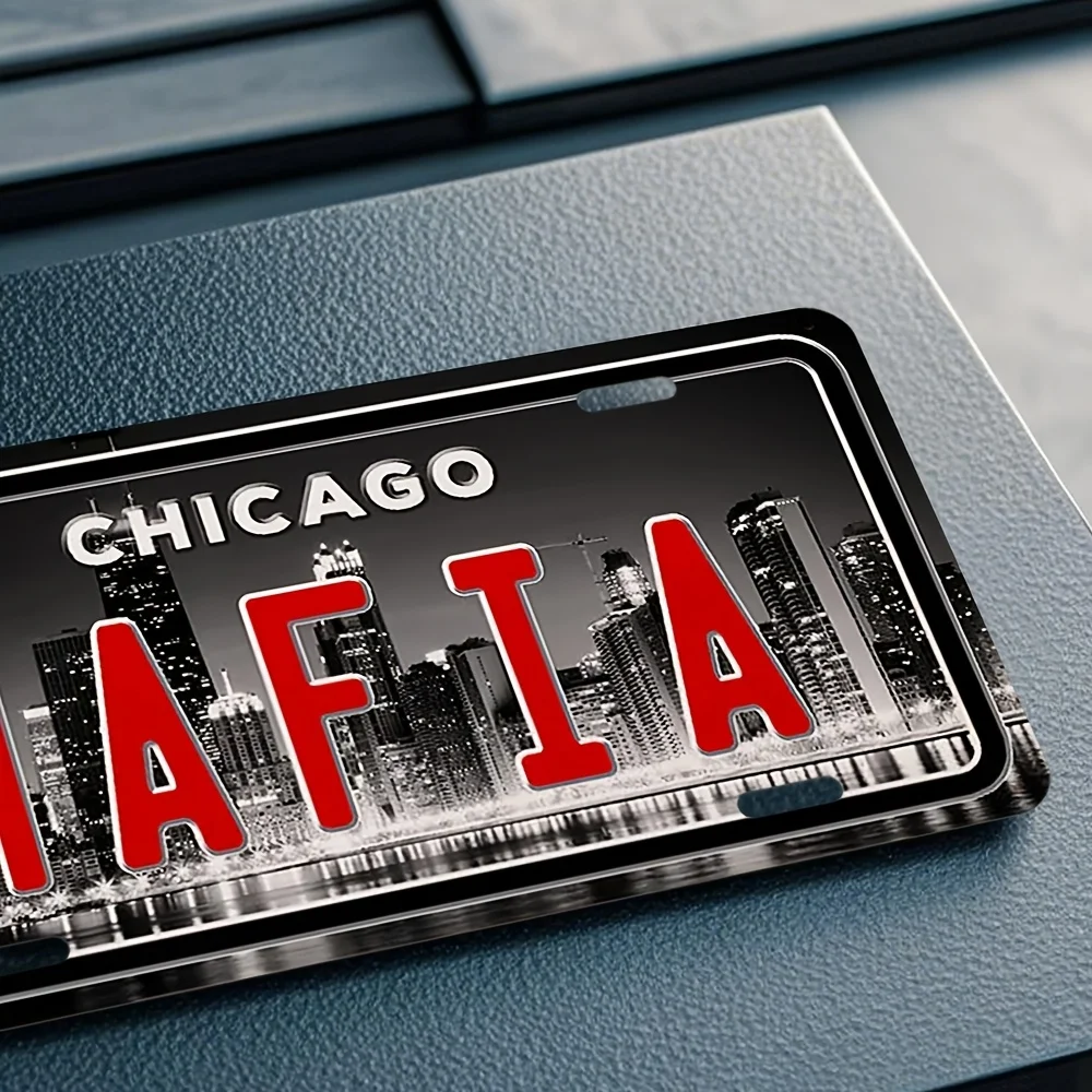 License Plate for Decoration Only 2D Flat, 1pc Chicago Gangster Metal Sign 11.81x5.91inch Vintage Retro Wall Art - Bold Red Lett
