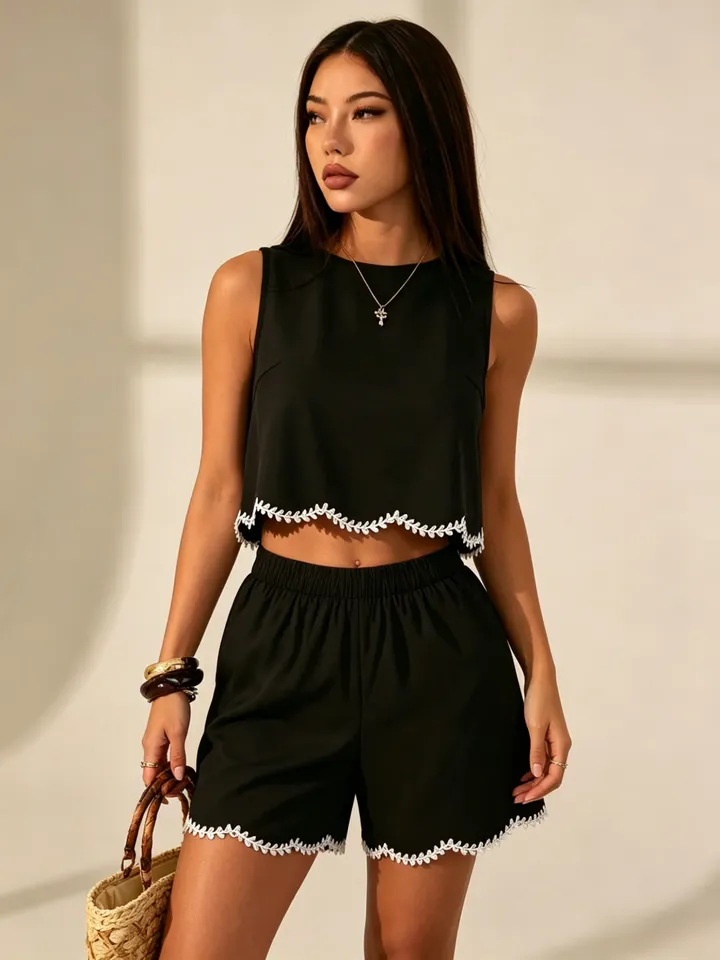  Ladies Elegant Patchwork Tank Top Shorts Set Contrast Color Casual Beach Vacation Wear for Daily Outdoors Shopping