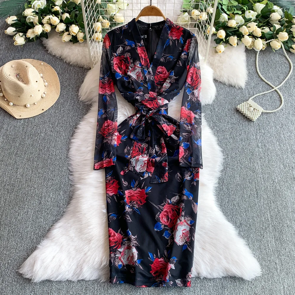 Vrouwen Mid Lengte Jurk Jurken Slanke Bodycon Vestidos Streetwear V-hals Volledige Mouw Elegante Splice Y2k Werk Schede Party Night