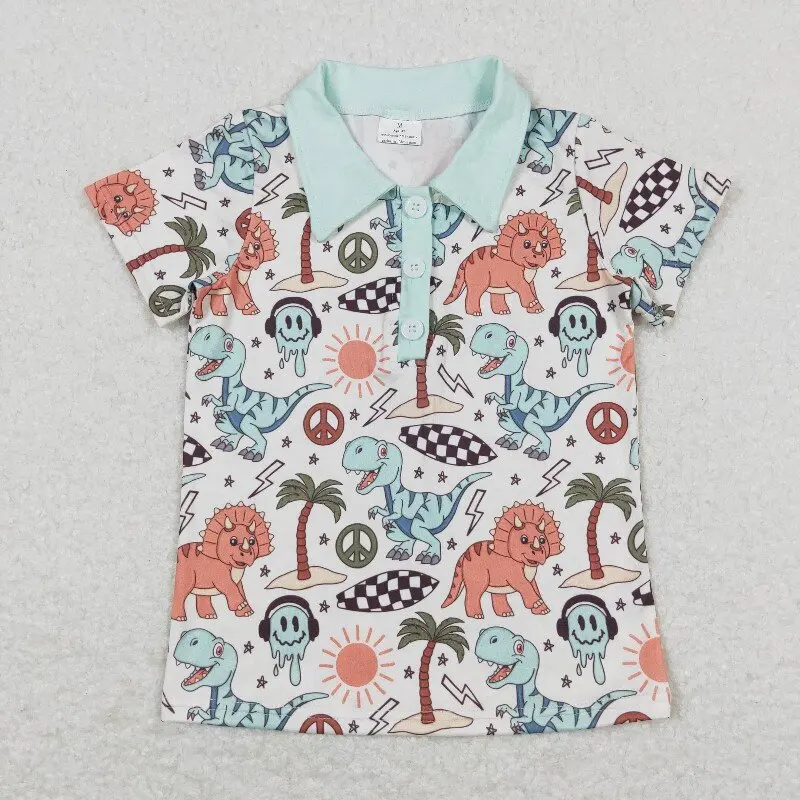 

New rts baby boys summer short-sleeved tops wholesale boutique dinosaur star lightning teal collar short-sleeved shirts