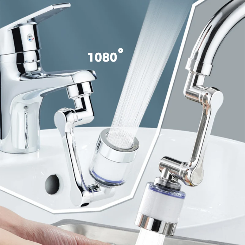 

1080° Rotatable Faucet Extender Adjustable Faucet Aerator Swivel Scalable Extension Tap Robotic Arm Rotary Faucet Nozzle Silver