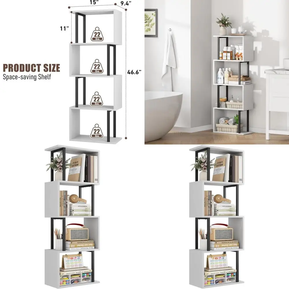 

4-Tier Narrow S-Shaped Bookshelf, Geometric Wood Storage Shelving, Modern Display Shelves for Home Office, White