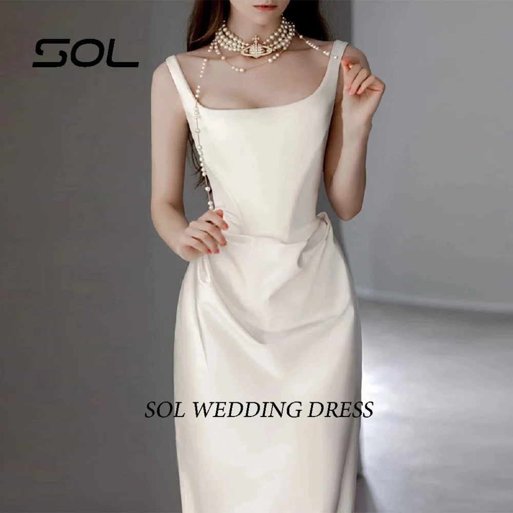 SOL-Sexy Boat-Neck vestido de casamento cetim para mulheres, bainha, cintas de espaguete, simples, sereia sem costas, vestidos de noiva