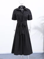 Elegant Belt Women Long Black Dress Full Sleeve Pleated Lapel Waist-Closed Female  A Line Dresses 2026 Spring Lady Robes New - Image 3