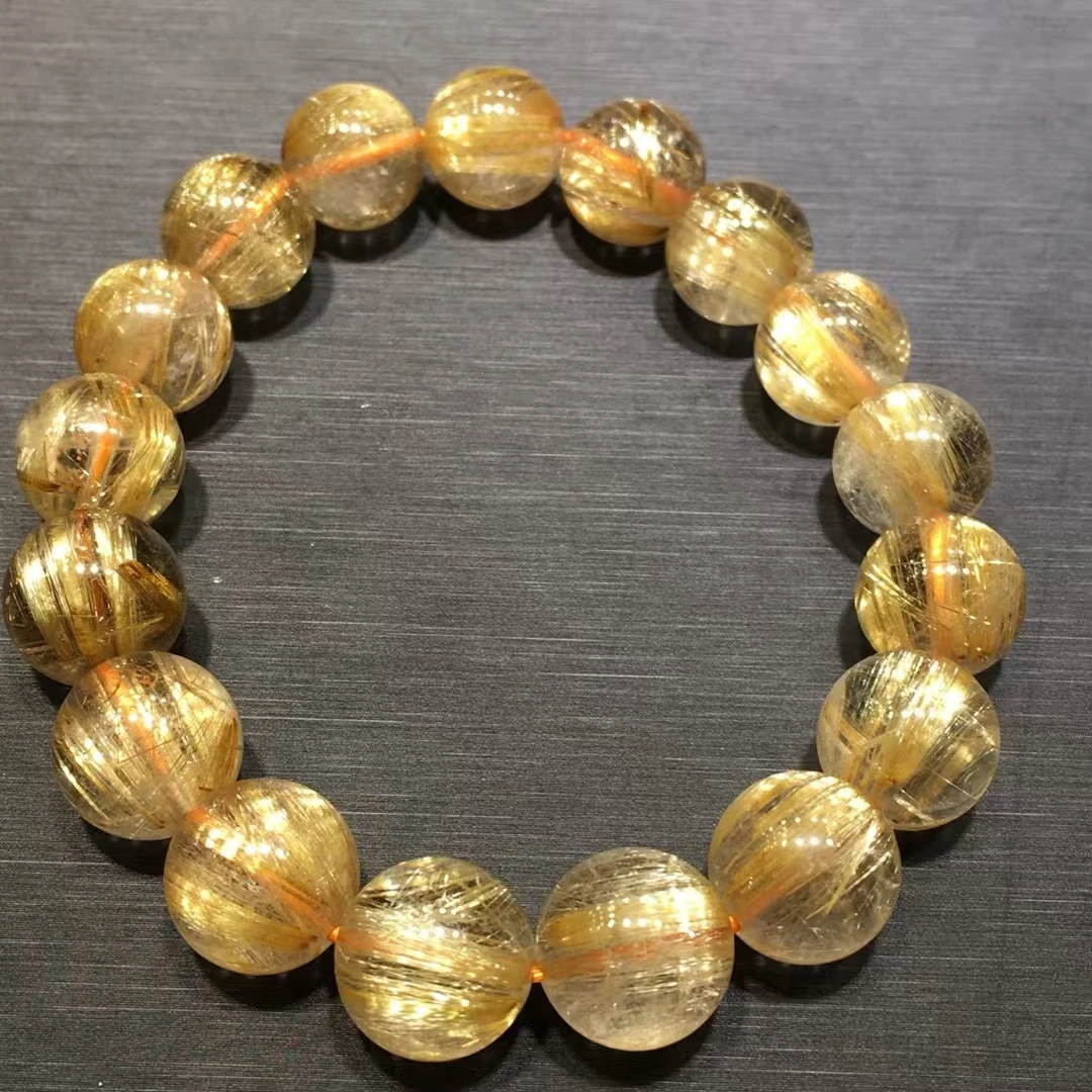 Natural Gold Rutilated Quartz Bracelet Cat Eye Round Beads 12mm Rutilated Brazil Women Men Fashion Wealthy Stone AAAAAAA