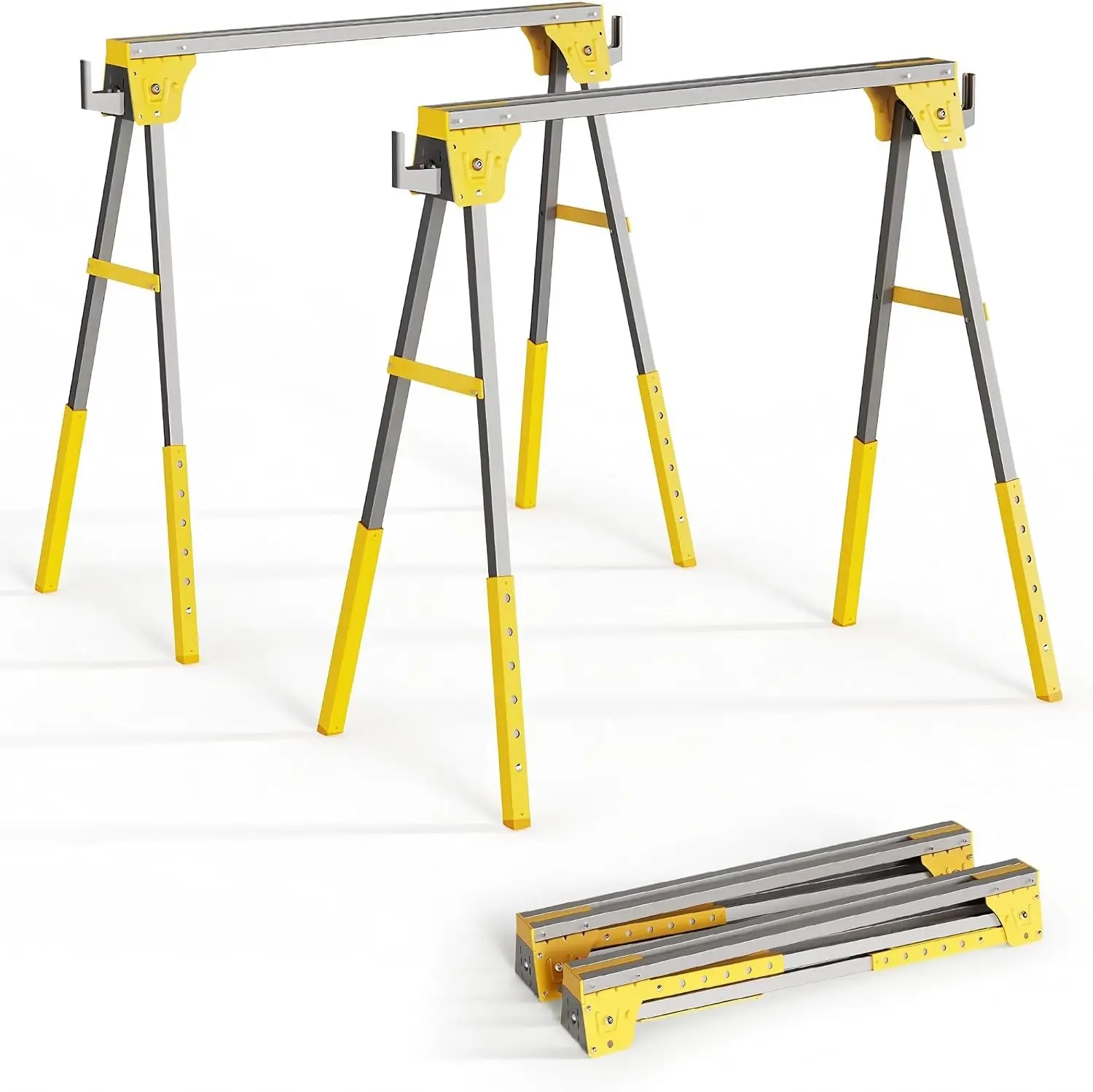 Soportes de sierra ajustables en altura, paquete de dos, soportes de sierra plegables portátiles con patas ajustables de treinta a treinta y cuatro pulgadas, soporte de sierra profesional de acero resistente para carpintería, carpinteros, contratistas, color amarillo